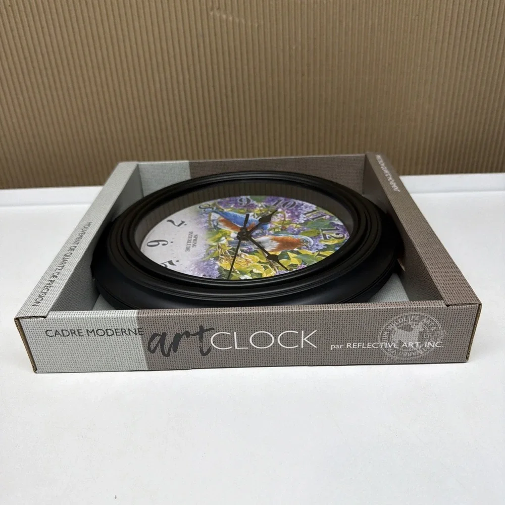 Reflective Art 10' Wall Clock BlueBirds Spring Interlude W/ Flower Garden Cabin